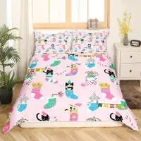 OEM Bettbezug-Set Einzelgröße rosa mit Katzenmotiv, 135 x 200 cm, 2-teilig