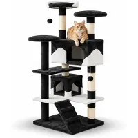 Belviona Kratzbaum, 130 cm hoher Katzenbaum mit Höhlen, Treppe & Spielbällen, robust & stilvoll, schwarz/weiß