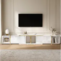 MODFU Lowboard ausziehbar 190cm,Hochglanzfront mit goldfarbenen Details,TV-Schrank mit offenen Fächern & geschlossenem Stauraum,Fernsehbank,Weiß