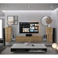 Furnitech Wohnwand Wohnzimmer - Wohnzimmer Möbel mit LED Blau - Hängend Wohnwand Modern - Regale und TV Schrank (AN104-21DZ-M5-1B)