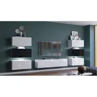 Furnitech Wohnwand Wohnzimmer - Wohnzimmer Möbel mit LED Weiß - Hängend Wohnwand Modern - Regale und TV Schrank (Henri AN72-19WB-HG3 - 1A - 287cm)