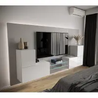 Furnitech Wohnwand Wohnzimmer - Wohnzimmer Möbel mit LED RGB - 16 Farben - Hängend Wohnwand Modern - Regale und TV Schrank (AN96-21W-HG2 1C)