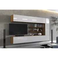 Furnitech Wohnwand 273 cm, Möbel-Set fürs Wohnzimmer, Weiß Hochglanz, Goldene Eiche, moderne Schränke, Regale, Funktionalität, Modell AN142-1B