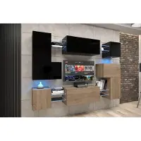 Furnitech Wohnwand Wohnzimmer - Wohnzimmer Möbel mit LED Weiß - Hängend Wohnwand Modern - Wohnzimmer Schrankwand mit Regale und TV Schrank (Albania AN3N-21BS-HGM30-1A)