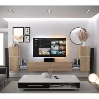 Furnitech Wohnwand Wohnzimmer - Wohnzimmer Möbel mit LED Weiß - Hängend Wohnwand Modern - Wohnzimmer Schrankwand mit Regale und TV Schrank (AN104-21S-M5-1B)