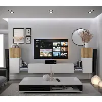 Furnitech Wohnwand Wohnzimmer - Wohnzimmer Möbel mit LED RGB - 16 Farben - Hängend Wohnwand Modern - Wohnzimmer Schrankwand mit Regale und TV Schrank (AN104-21DZW-M7 1C)