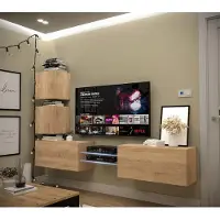 Furnitech Wohnwand Wohnzimmer - Wohnzimmer Möbel mit LED Weiß - Hängend Wohnwand Modern - Regale und TV Schrank (AN100-2S-M5-1C)