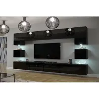 Furnitech Wohnwand Wohnzimmer Möbel (Schwarz) mit LED RGB - Hängend Wohnzimmerwand Modern - Schrankwand(Nowara AN1-17B-HG20 1C)