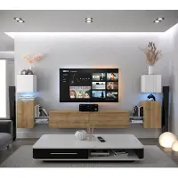 Furnitech Wohnwand Wohnzimmer - Wohnzimmer Möbel mit LED Blau - Hängend Wohnwand Modern - Regale und TV Schrank (AN105-21WDZ-HGM5 1C)
