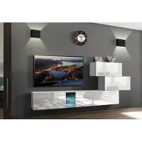 Furnitech Wohnwand Wohnzimmer - Wohnzimmer Möbel mit LED Weiß - Hängend Wohnwand Modern - Regale und TV Schrank (Troja AN85-17W-HG21-1B)
