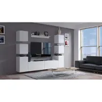 Furnitech Wohnwand Wohnzimmer | Wohnzimmer Möbel mit LED Weiß | Hängend Wohnwand Modern | Wohnzimmer Schrankwand mit Regale und TV Schrank (Future C34/HG/W2 1B)