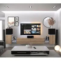 Furnitech Wohnwand Wohnzimmer - Wohnzimmer Möbel mit LED Weiß - Hängend Wohnwand Modern - Regale und TV Schrank (AN104-21BS-M14 1C)