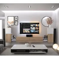 Furnitech Wohnwand Wohnzimmer - Wohnzimmer Möbel mit LED Blau - Hängend Wohnwand Modern - Regale und TV Schrank (AN104-21WS-M13 1C)