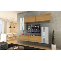 Furnitech Wohnwand Wohnzimmer - Wohnzimmer Möbel mit LED Weiß - Hängend Wohnwand Modern - Regale und TV Schrank (Future C30-HGM-WD-51 1A - 203cm)