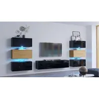 Furnitech Wohnwand Wohnzimmer - Wohnzimmer Möbel mit LED Weiß - Hängend Wohnwand Modern - Wohnzimmer Schrankwand mit Regale und TV Schrank (Henri AN72-19BD-HGM8-1A - 287cm)