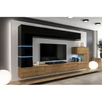 Furnitech Wohnwand Wohnzimmer - Wohnzimmer Möbel mit LED RGB - 16 Farben - Hängend Wohnwand Modern - Wohnzimmer Schrankwand mit Regale und TV