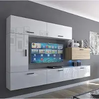 Furnitech Wohnwand Wohnzimmer - Wohnzimmer Möbel mit LED Blau - Hängend Wohnwand Modern - Regale und TV Schrank (Future C10_HGM_WS_14 1B)
