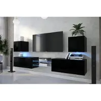 Furnitech Wohnwand Wohnzimmer - Wohnzimmer Möbel mit LED Weiß - Hängend Wohnwand Modern - Wohnzimmer Schrankwand(D144N-21B-HG1-1B)