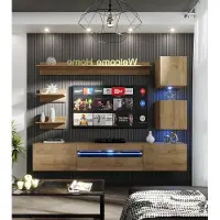 Furnitech Wohnwand Wohnzimmer, Möbel, Hängend Wohnwand Modern, Schrankwand mit Regale, TV Schrank, 291 cm, Eiche Gold M27-24M-DZ4 1E ohne LED