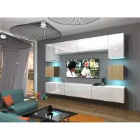 Furnitech Wohnwand Wohnzimmer - Wohnzimmer Möbel mit LED RGB - Hängend Wohnwand Modern - Wohnzimmer Schrankwand(Nowara AN1-17WS-HGM37 1B)