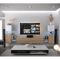 Furnitech Wohnwand Wohnzimmer - Wohnzimmer Möbel mit LED Weiß - Hängend Wohnwand Modern - Regale und TV Schrank (AN105-21WS-HGM7 1B)