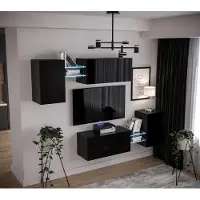 Furnitech Wohnwand Wohnzimmer - Wohnzimmer Möbel mit LED Weiß - Hängend Wohnwand Modern - Wohnzimmer Schrankwand mit Regale und TV Schrank (AN97-21B-HG1 1C)