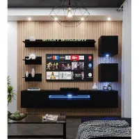 Furnitech Wohnwand Wohnzimmer, Möbel, Hängend Wohnwand Modern, Schrankwand mit Regale, TV Schrank 191 cm, Schwarz Matt M27-24M-B1 1A mit LED RGB