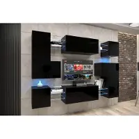 Furnitech Wohnwand Wohnzimmer - Wohnzimmer Möbel mit LED Weiß - Hängend Wohnwand Modern - Regale und TV Schrank (Albania AN3N-21B-HG1-1C)