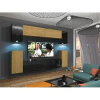 Furnitech Wohnwand Wohnzimmer - Wohnzimmer Möbel mit LED Weiß - Hängend Wohnwand Modern - Wohnzimmer Schrankwand mit Regale und TV Schrank (Rodos AN43-17BD-HGM49 1B)