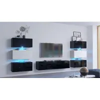 Furnitech Wohnwand Wohnzimmer - Wohnzimmer Möbel mit LED Blau - Hängend Wohnwand Modern - Regale und TV Schrank (Henri AN72-19BW-HG4 -1C - 362cm)