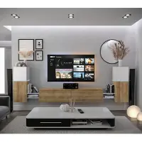 Furnitech Wohnwand Wohnzimmer - Wohnzimmer Möbel mit LED Weiß - Hängend Wohnwand Modern - Regale und TV Schrank (AN104-21WDZ-HGM6-1A)