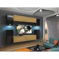 Furnitech Wohnwand Wohnzimmer - Wohnzimmer Möbel mit LED RGB - 16 Farben - Hängend Wohnwand Modern - Regale und TV Schrank (Rodos AN43-17BD-HGM47 1A)
