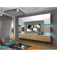Furnitech Wohnwand Wohnzimmer - Wohnzimmer Möbel mit LED RGB - Hängend Wohnwand Modern - Wohnzimmer Schrankwand(Nowara AN1-17WS-HGM41 1A)