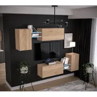 Furnitech Wohnwand Wohnzimmer - Wohnzimmer Möbel mit LED Weiß - Hängend Wohnwand Modern - Regale und TV Schrank (AN97-21S-M5 1C)