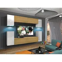 Furnitech Wohnwand Wohnzimmer - Wohnzimmer Möbel mit LED Weiß - Hängend Wohnwand Modern - Regale und TV Schrank (Rodos AN43-17WD-HGM53 1B)
