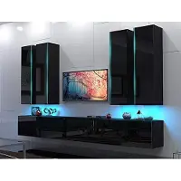 Furnitech Wohnwand Wohnzimmer - Hängend Wohnwand Modern - Regale und TV Schrank - Wohnzimmer Möbel ohne LED (Venus AN39-18HG-B1 GS4 Schwarz ohne Füße)