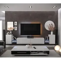 Furnitech Wohnwand Wohnzimmer - Wohnzimmer Möbel mit LED Weiß - Hängend Wohnwand Modern - Regale und TV Schrank (AN103-21W-HG2-1B)