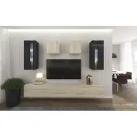 Furnitech Wohnwand Wohnzimmer - Wohnzimmer Möbel mit LED Weiß - Hängend Wohnwand Modern - Wohnzimmer Schrankwand mit Regale und TV Schrank (AN291-17BS-HGM41 1B Groß)