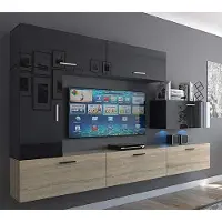Furnitech Wohnwand Wohnzimmer | Wohnzimmer Möbel mit LED RGB - 16 Farben | Hängend Wohnwand Modern | Wohnzimmer Schrankwand mit Regale und TV Schrank (Future C10_HGM_BS_12 1A)