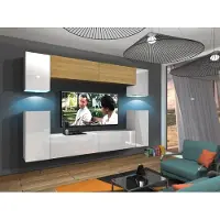 Furnitech Wohnwand Wohnzimmer - Wohnzimmer Möbel mit LED RGB - 16 Farben - Hängend Wohnwand Modern - Regale und TV Schrank (Rodos AN43-17WD-HGM51 1B)