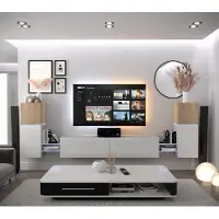Furnitech Wohnwand Wohnzimmer - Wohnzimmer Möbel mit LED Blau - Hängend Wohnwand Modern - Regale und TV Schrank (AN104-21SW-HGM14-1C)