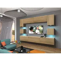 Furnitech Wohnwand Wohnzimmer - Wohnzimmer Möbel mit LED RGB - Hängend Wohnwand Modern - Wohnzimmer Schrankwand(Nowara AN1-17S-M50 1B)