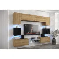 Furnitech Wohnwand Wohnzimmer - Wohnzimmer Möbel mit LED Blau - Hängend Wohnwand Modern - Wohnzimmer Schrankwand mit Regale und TV Schrank (Nowara ANX1-17DZB-HGM-35-1A)