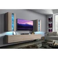 Furnitech Wohnwand Wohnzimmer - Wohnzimmer Möbel mit LED RGB - 16 Farben - Hängend Wohnwand Modern - Regale und TV Schrank (Luiziana AN20-18S-M3 1B)