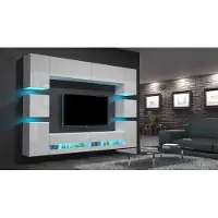 Furnitech Wohnwand Wohnzimmer - Wohnzimmer Möbel mit LED Blau - Hängend Wohnwand Modern - Wohnzimmer Schrankwand(Heidi AN36-18HG-W2 1A - Füße)