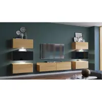 Furnitech Wohnwand Wohnzimmer - Wohnzimmer Möbel mit LED Weiß - Hängend Wohnwand Modern - Regale und TV Schrank (Henri AN72-19DB-HGM14 -1A - 287cm)