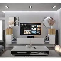 Furnitech Wohnwand Wohnzimmer - Wohnzimmer Möbel mit LED RGB - 16 Farben - Hängend Wohnwand Modern - Regale und TV Schrank (AN104-21DZW-HGM3-1A)
