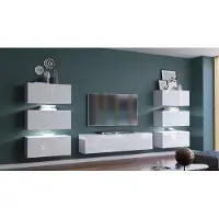 Furnitech Wohnwand Wohnzimmer | Wohnzimmer Möbel mit LED Weiß | Hängend Wohnwand Modern | Wohnzimmer Schrankwand mit Regale und TV Schrank (Henri AN72-19W-HG2 - 1C | 362cm)