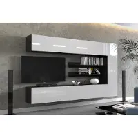 Furnitech Wohnwand 273 cm, Möbel-Set fürs Wohnzimmer, Weiß Hochglanz, Schwarz Matt, Moderne Schränke, Regale, Funktionalität, Modell AN142-1B