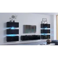 Furnitech Wohnwand Wohnzimmer - Wohnzimmer Möbel mit LED Weiß - Hängend Wohnwand Modern - Regale und TV Schrank (Henri AN72-19B-HG1 - 1B - 316 cm)